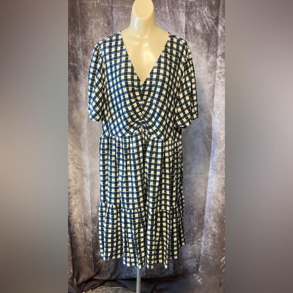 Ava & Viv Womens flutter short sleeve dress Blue gingham 1X